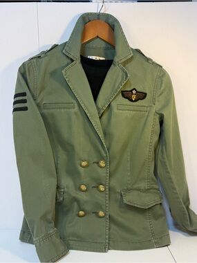 CAbi Military Jacket Olive Green Utility Blazer Gold Buttons Patch XS